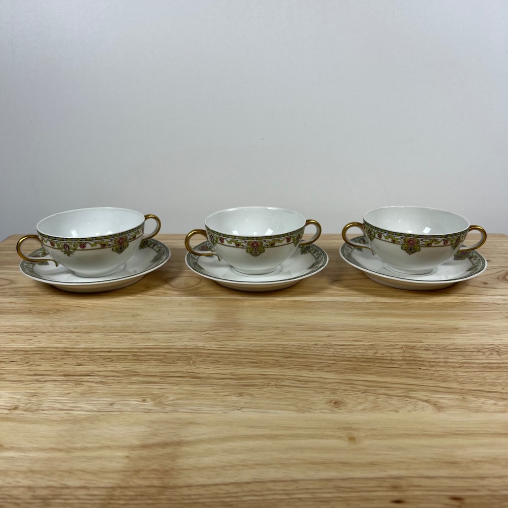 Vintage Limoges UC France Bouillon Cups Saucer Set 3 Gold Trim Floral Porcelain